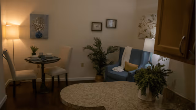Cozy interior space featuring a small round dining table set for two with plates and cups, two upholstered chairs, a blue armchair with a yellow pillow and a white throw blanket, several potted plants, wall art, a floor lamp, and a kitchen counter with a potted plant in the foreground.