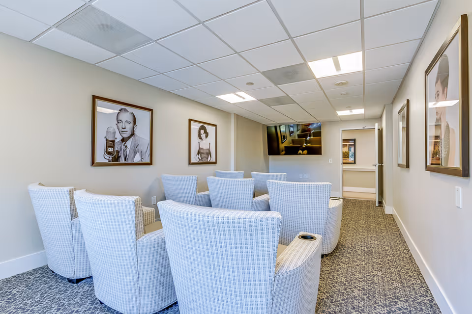 A small interior screening room with rows of upholstered armchairs facing a wall-mounted TV and framed black-and-white portraits on the walls.