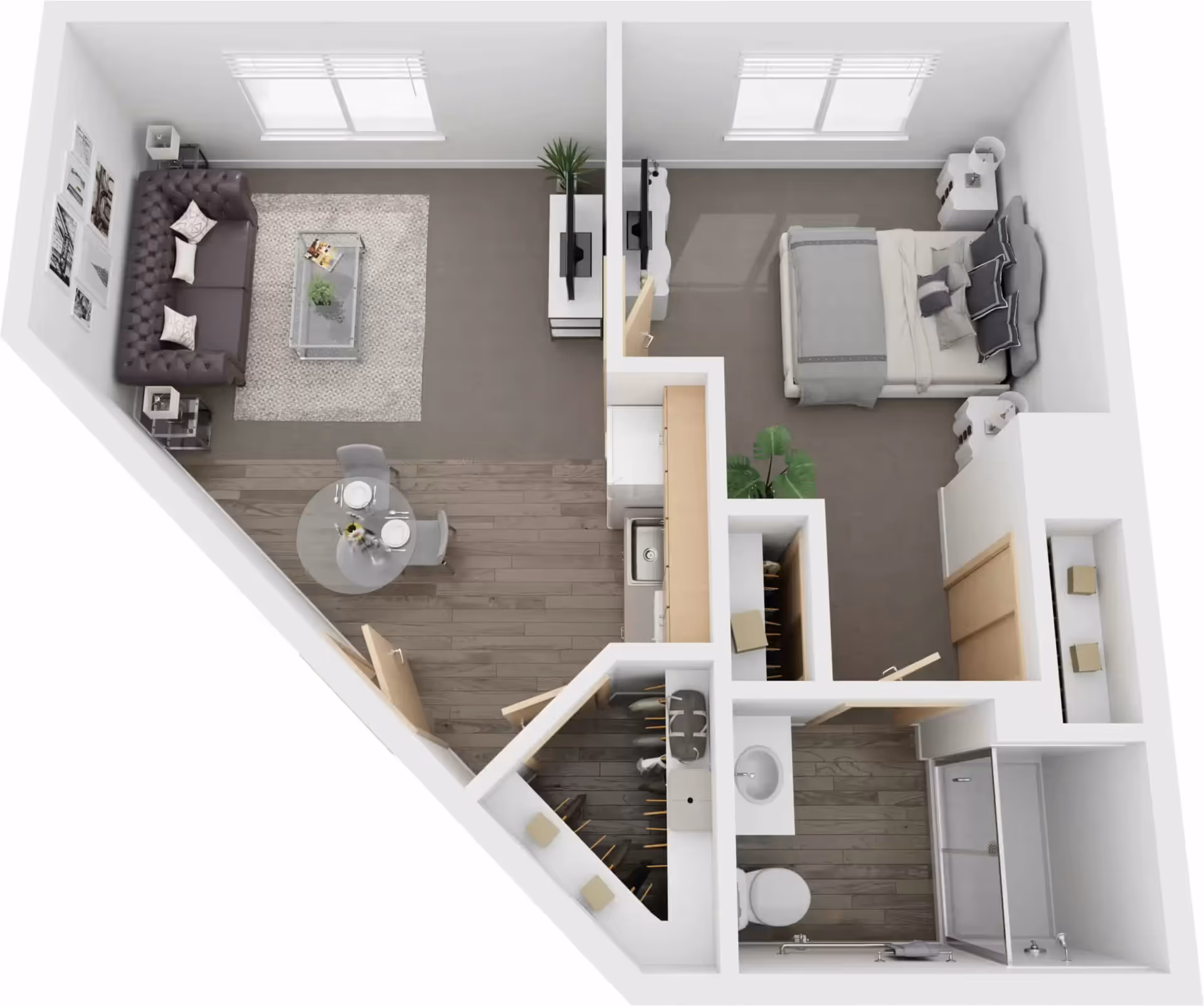 3D floor plan of a senior living apartment at Rittenhouse Village Gahanna showing a living room with a sofa, coffee table, and TV, a dining area with a round table and two chairs, a kitchen with a sink and appliances, a bedroom with a bed and nightstands, a bathroom with a toilet, sink, and shower, and closets for storage.