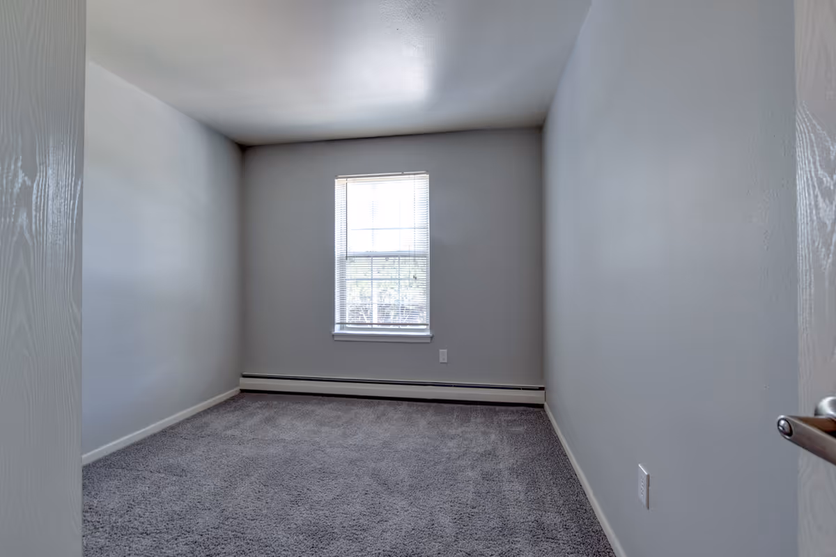 Empty small bedroom with gray carpet, light gray walls, a single window with blinds, and a white door partially open.