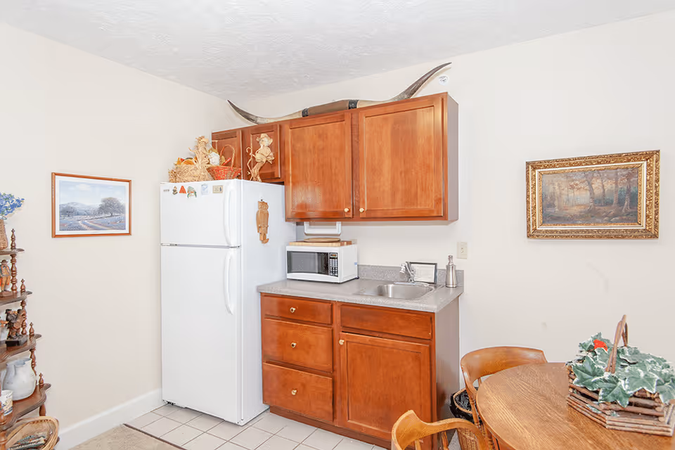 A small kitchen area with wooden cabinets, a white refrigerator, a microwave on the countertop, and a small sink. There are decorative items on top of the refrigerator and a framed picture on the wall. A round wooden dining table with chairs and a basket with green plants is partially visible on the right side.