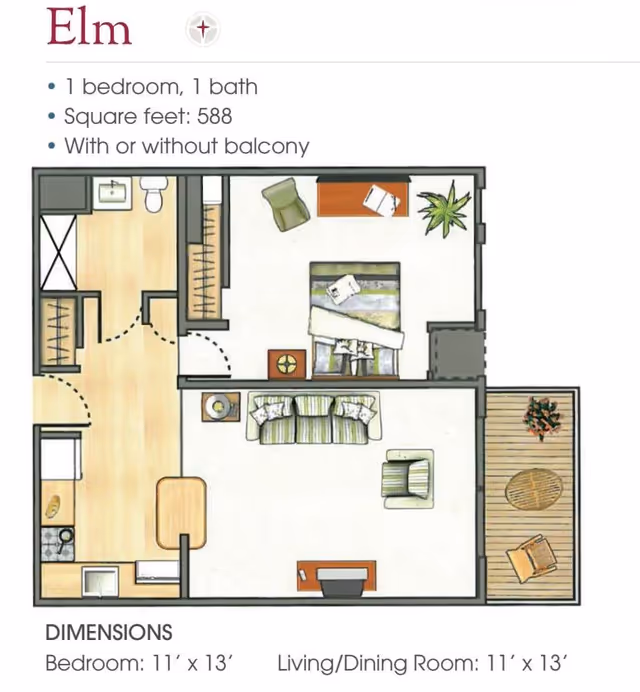 Floor plan of the Elm apartment at Bellbrook showing 1 bedroom and 1 bathroom with a total of 588 square feet. The layout includes a bedroom with a bed, chair, desk, and plant; a living/dining room with a sofa, chair, table, and TV; a kitchen area; a bathroom; and an optional balcony with outdoor furniture and a plant.