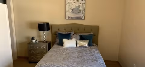 A bedroom with a neatly made bed featuring a patterned gray bedspread and several decorative pillows in blue, white, and silver. There is a tufted beige headboard, a nightstand with a silver lamp and small plant, and a framed floral artwork hanging on the beige wall above the bed.