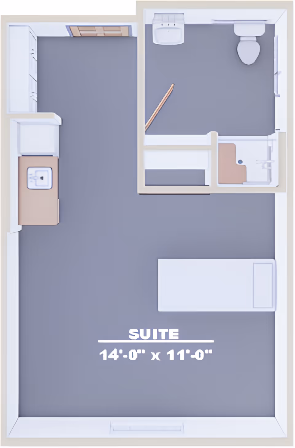 Floor plan of a suite measuring 14 feet by 11 feet, featuring a main room with a bed, a kitchenette area with a sink and cabinets, and a bathroom with a toilet, sink, and shower.