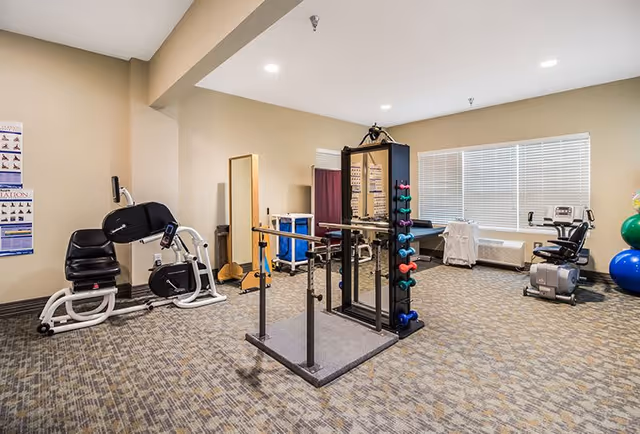 A well-lit exercise room with various fitness equipment including a seated leg press machine, a rack with colorful dumbbells, parallel bars for walking support, an exercise bike, and large exercise balls. The room has beige walls, carpeted flooring, and a large window with blinds.