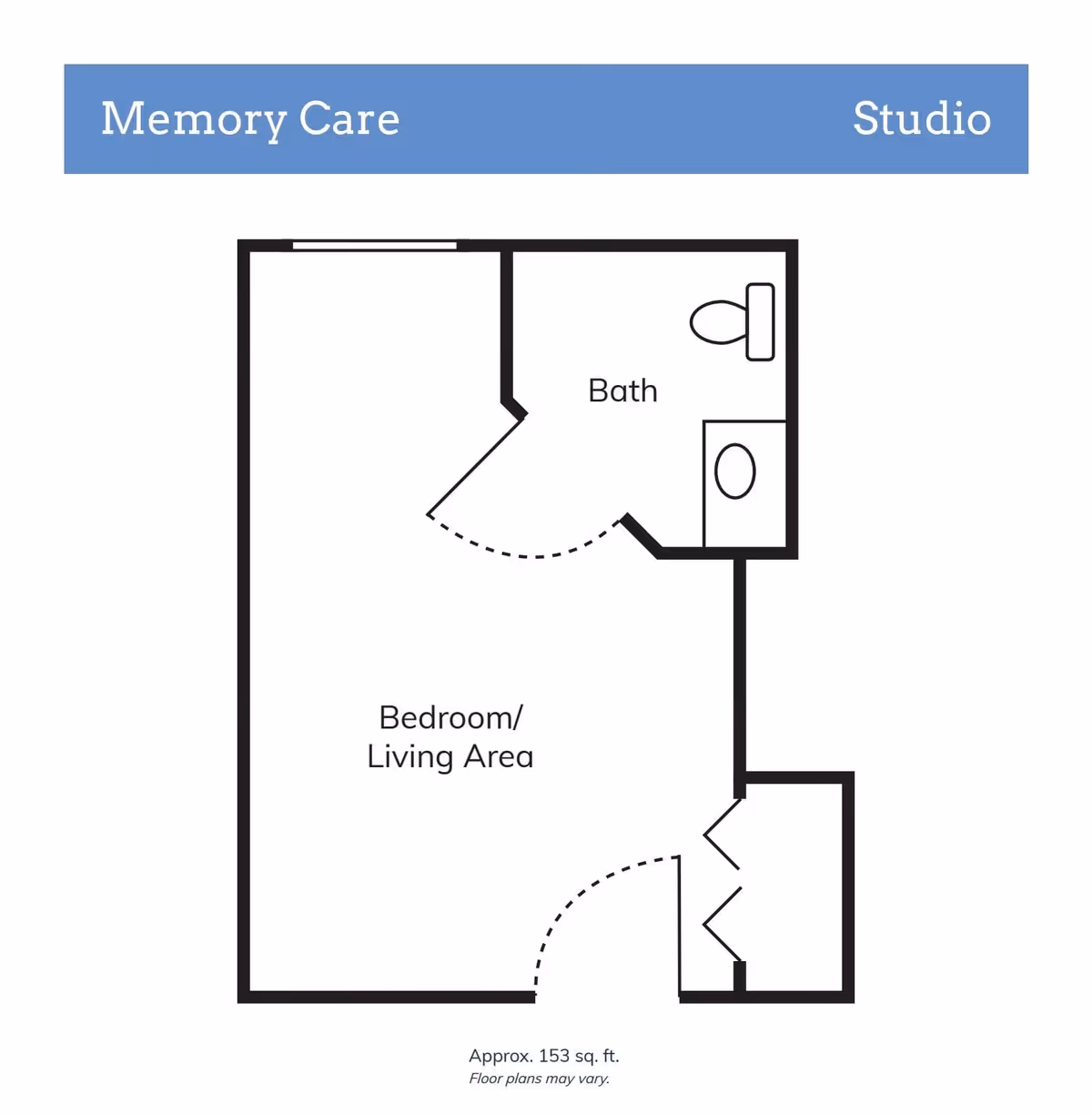 Floor plan of a memory care studio apartment at Lark Springs, showing a combined bedroom and living area, a bathroom with a toilet and sink, and a small closet near the entrance. The total area is approximately 153 square feet.