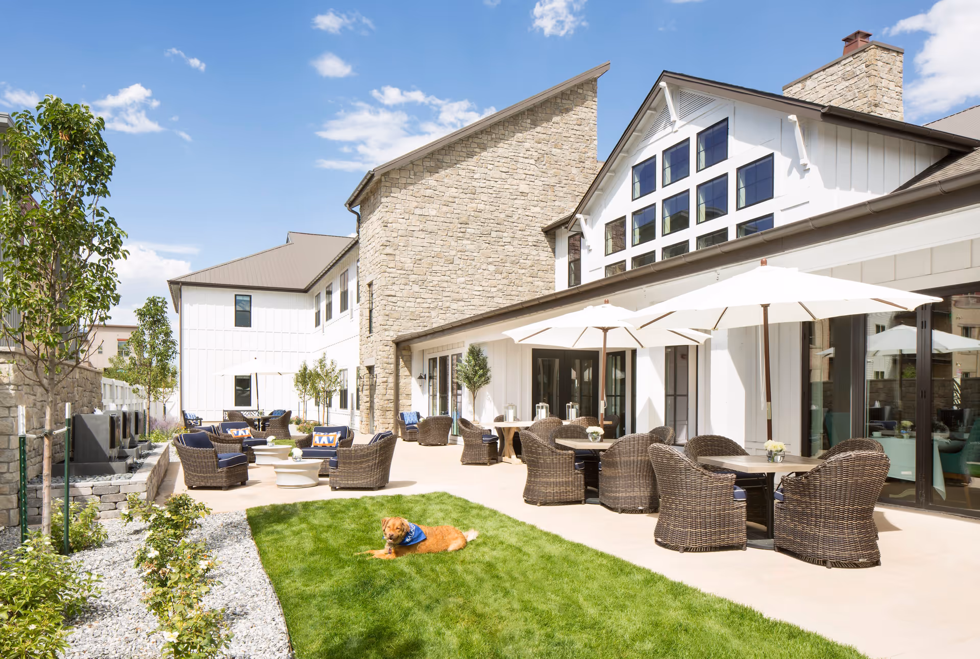 Outdoor patio area of a senior living facility with wicker chairs and tables under large white umbrellas, a green lawn with a dog lying on it, and a building with stone and white siding in the background under a blue sky with some clouds.