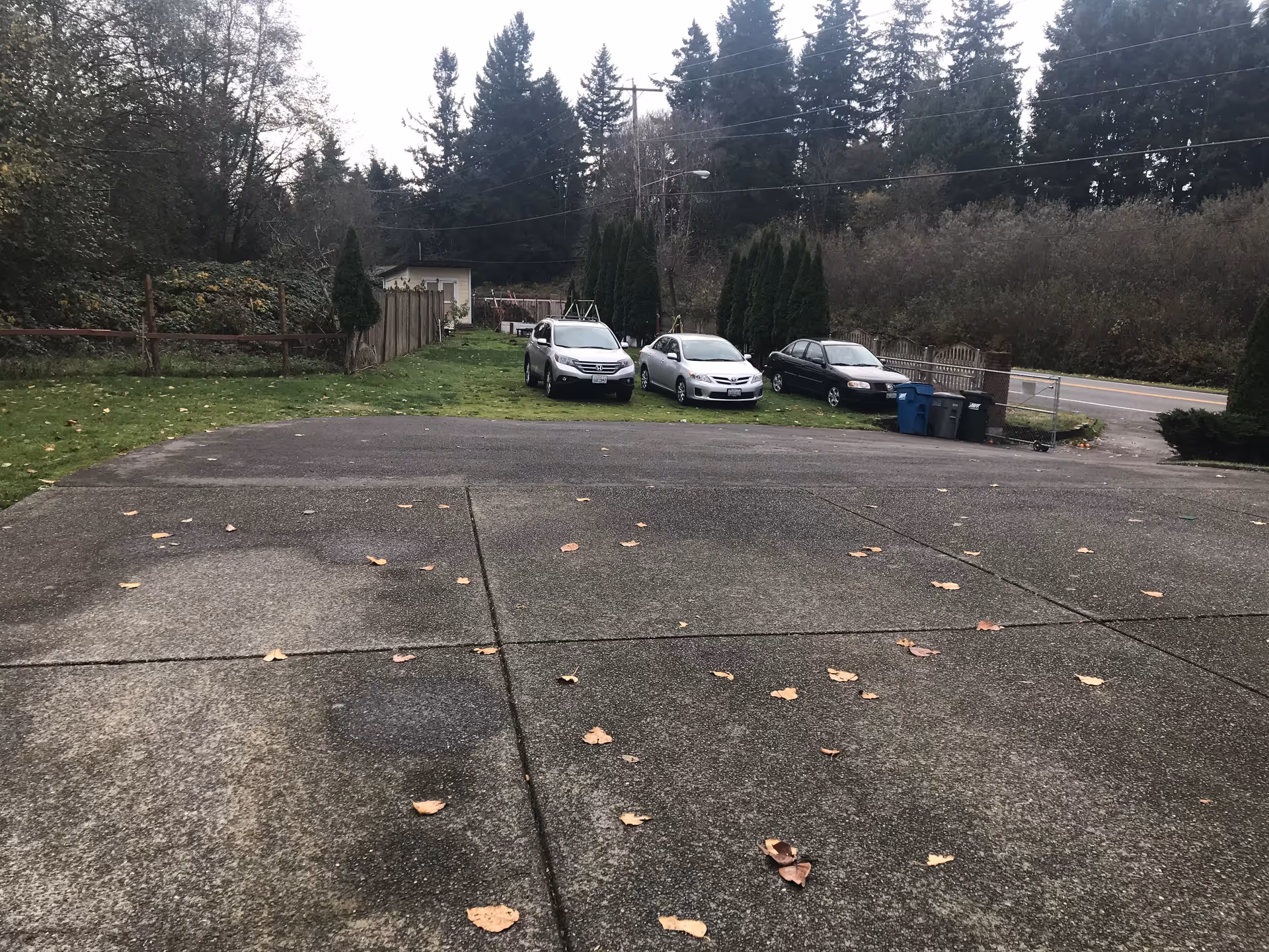 Outdoor view of a parking area with three cars parked on grass near a small building and a fenced area. The scene is surrounded by trees and bushes with a road visible in the background.