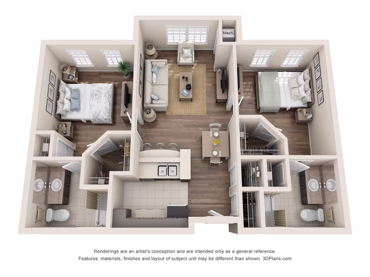 3D floor plan of a two-bedroom apartment featuring two bedrooms each with a bed, nightstands, and windows. The layout includes two bathrooms with sinks, toilets, and showers, a kitchen with a sink, stove, and refrigerator, a dining area with a table and chairs, and a living room with a sofa, armchair, coffee table, and TV. There are closets and a mechanical room as well.