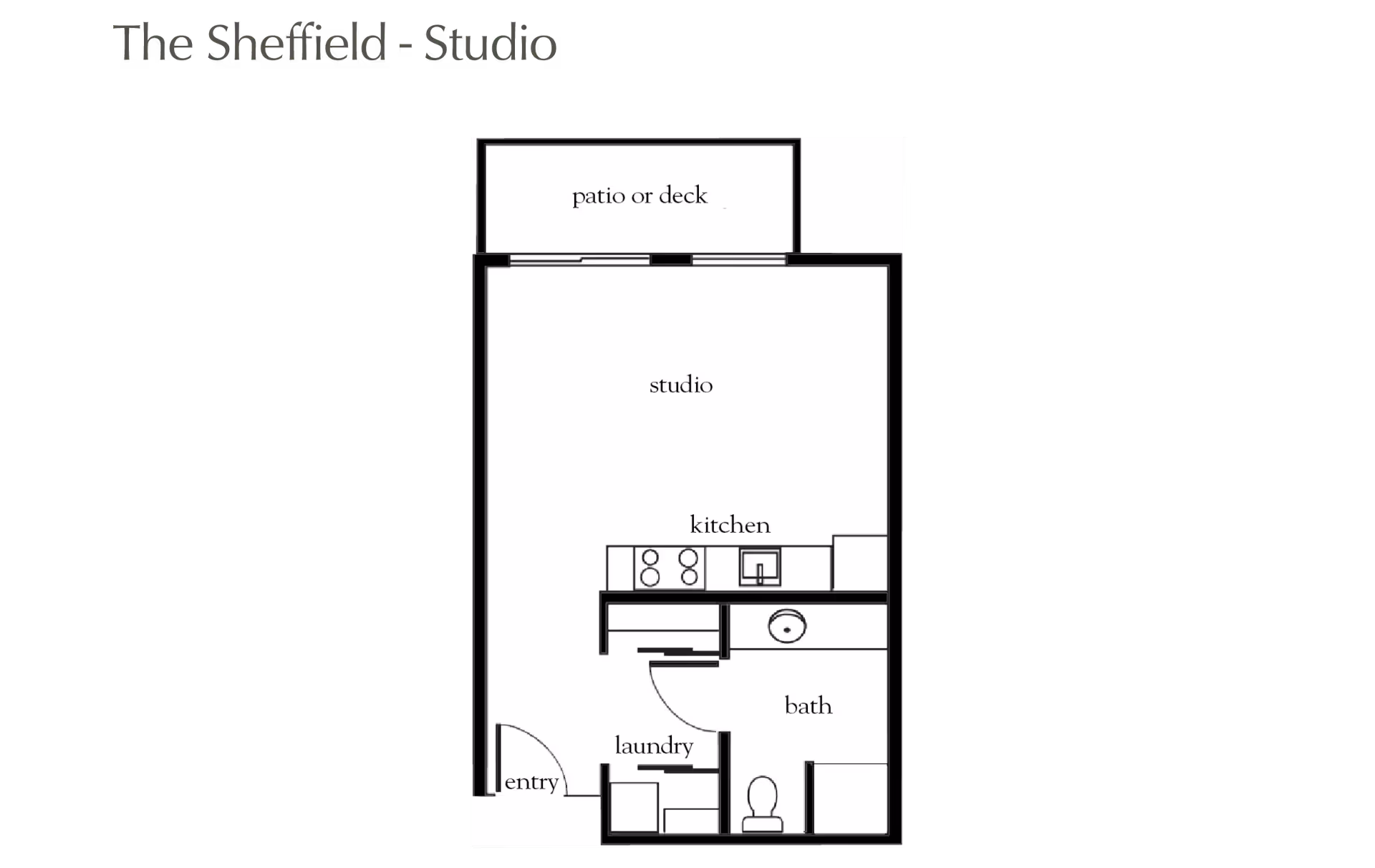 Black-and-white floor plan titled 'The Sheffield - Studio' showing a studio layout with kitchen, bath, laundry, entry and patio/deck.