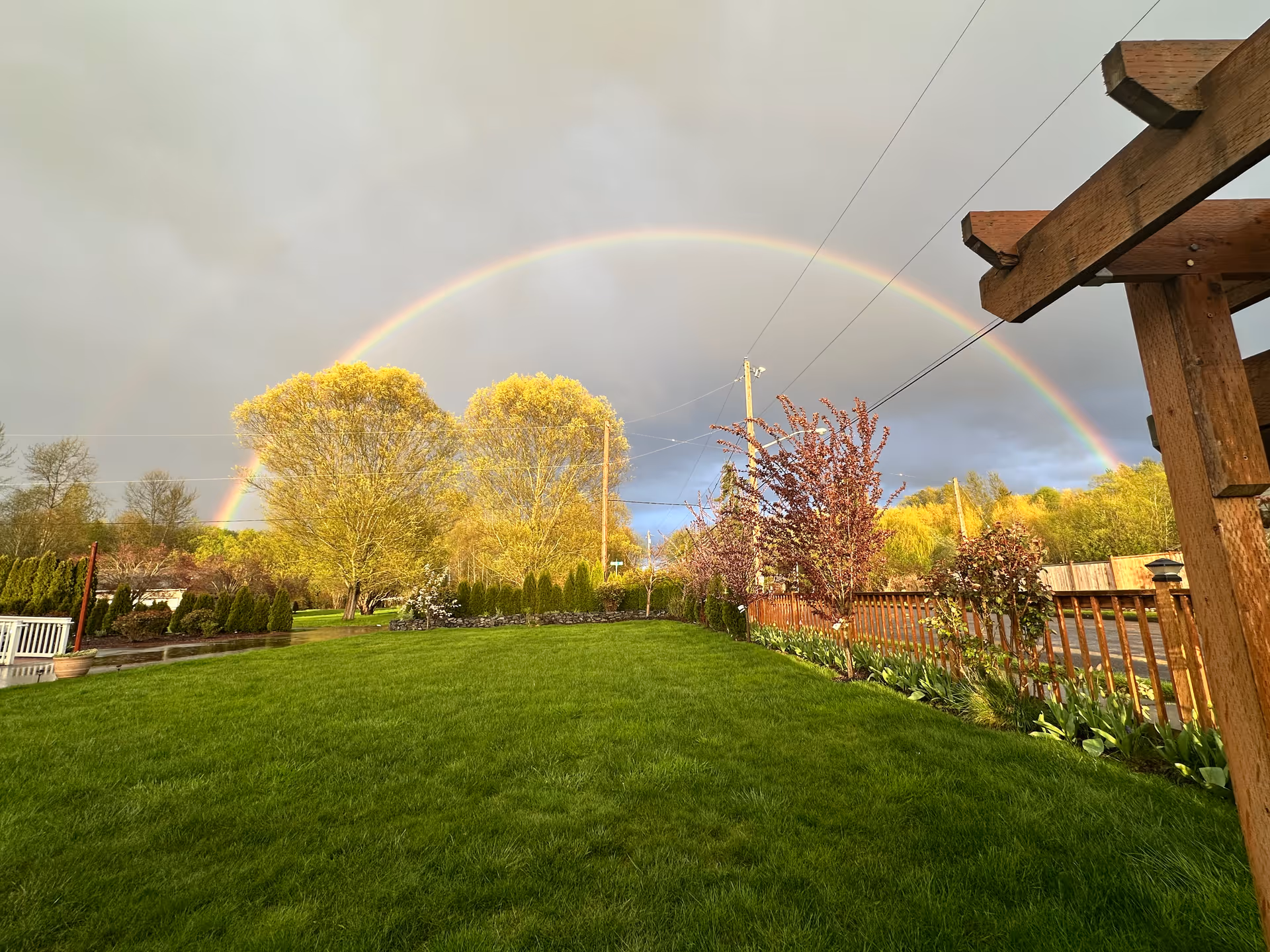 A vibrant green lawn with a wooden fence and blooming trees under a cloudy sky featuring a bright rainbow arching across the scene.
