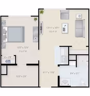 Floor plan of a senior living unit at Lorien Taneytown showing a bedroom with a bed and nightstand, a living room with sofa and chairs, a kitchen area, and a bathroom with a toilet and sink.