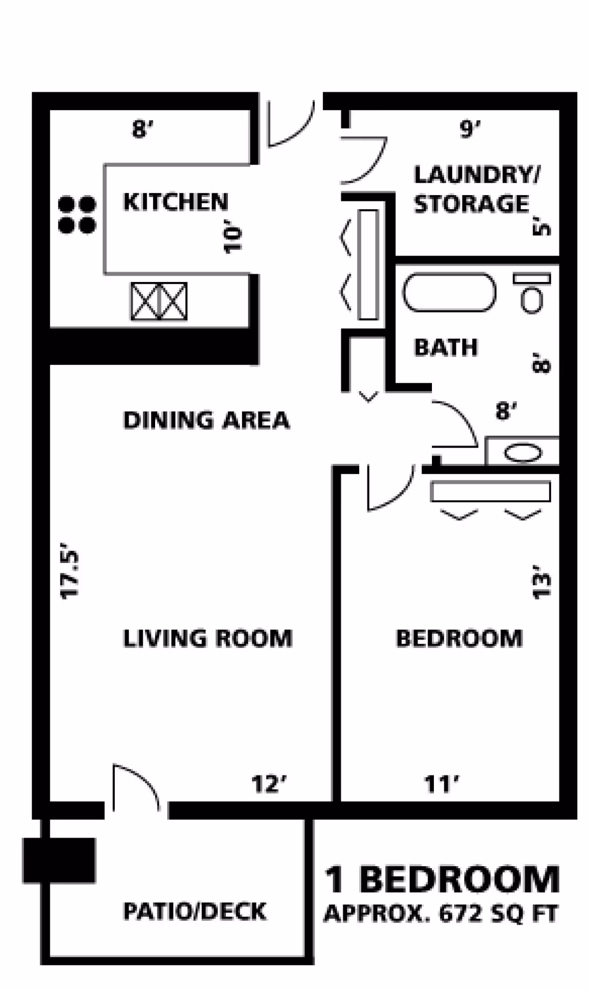 Floor plan of a one-bedroom apartment approximately 672 square feet, showing a kitchen, dining area, living room, bedroom, bathroom, laundry/storage room, and a patio/deck.