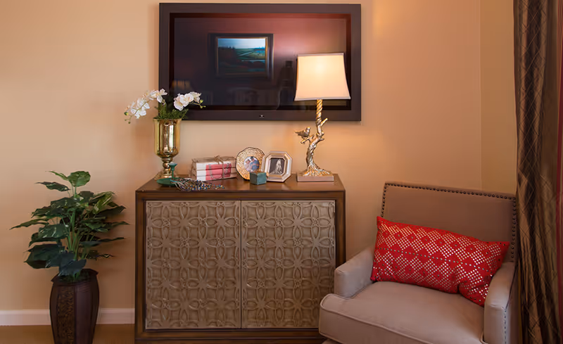 Cozy living room corner with an upholstered armchair and red pillow beside a decorative cabinet topped with a lamp, framed TV, plants, and small decor items.