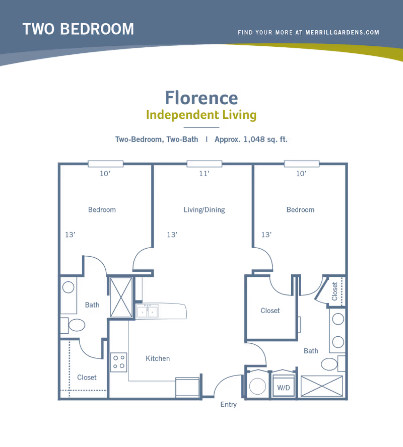 Floor plan of a two-bedroom, two-bath independent living apartment named Florence, approximately 1,048 square feet, showing layout with two bedrooms, two bathrooms, kitchen, living/dining area, closets, entry, and washer/dryer area.
