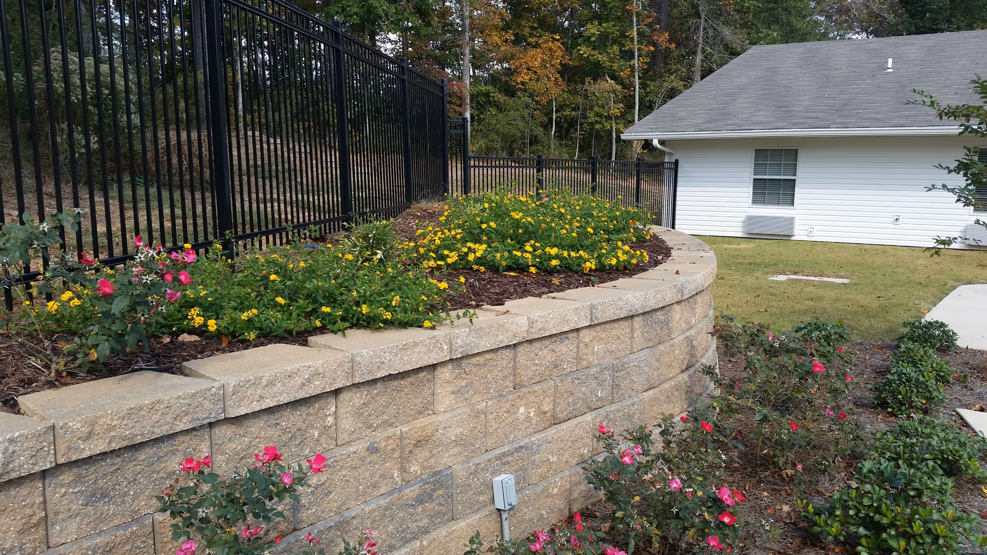 Outdoor garden area with a curved stone retaining wall planted with yellow and pink flowers, a black metal fence behind the wall, and a white building with a window and air conditioning unit in the background.