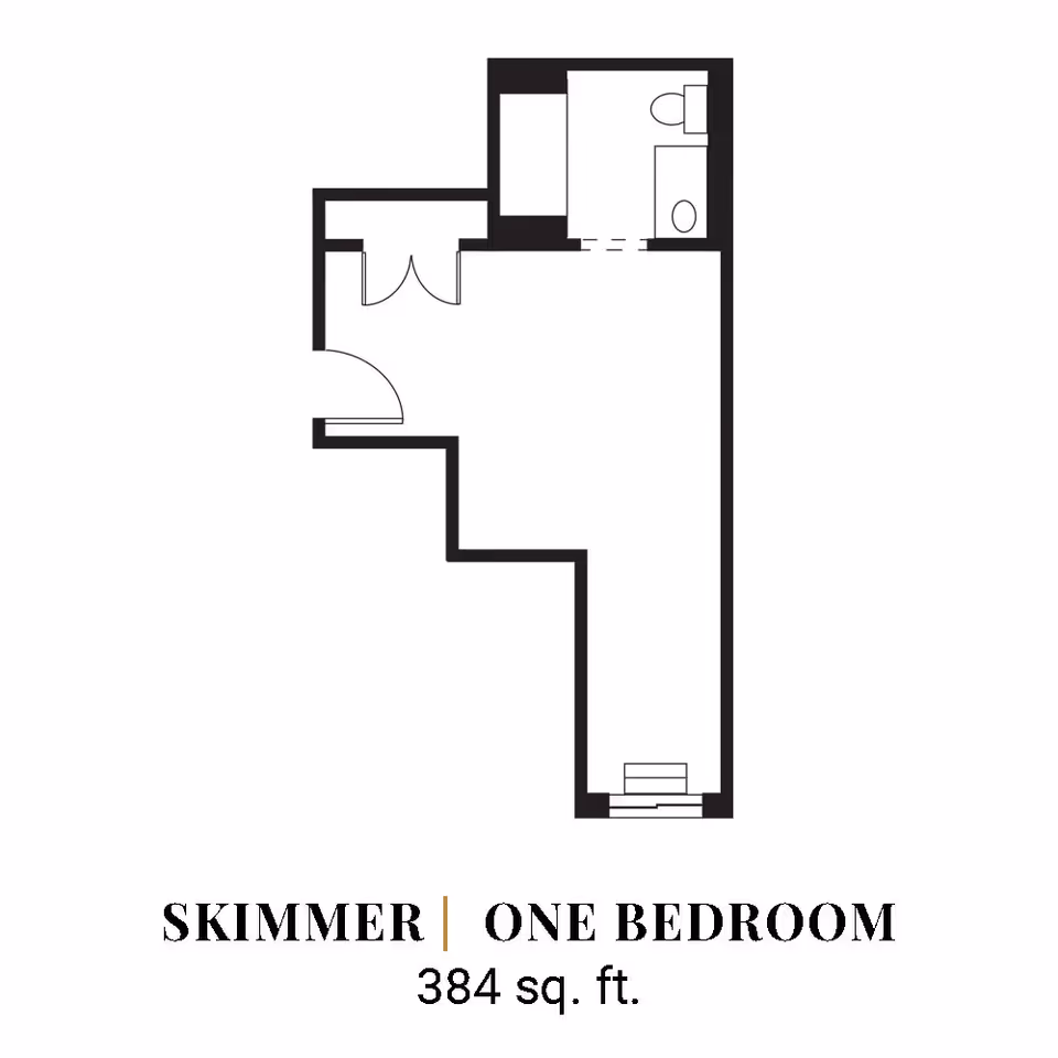 Black-and-white floor plan labeled 'Skimmer | One Bedroom 384 sq. ft.' showing a narrow one-bedroom apartment layout with a bathroom and entry.