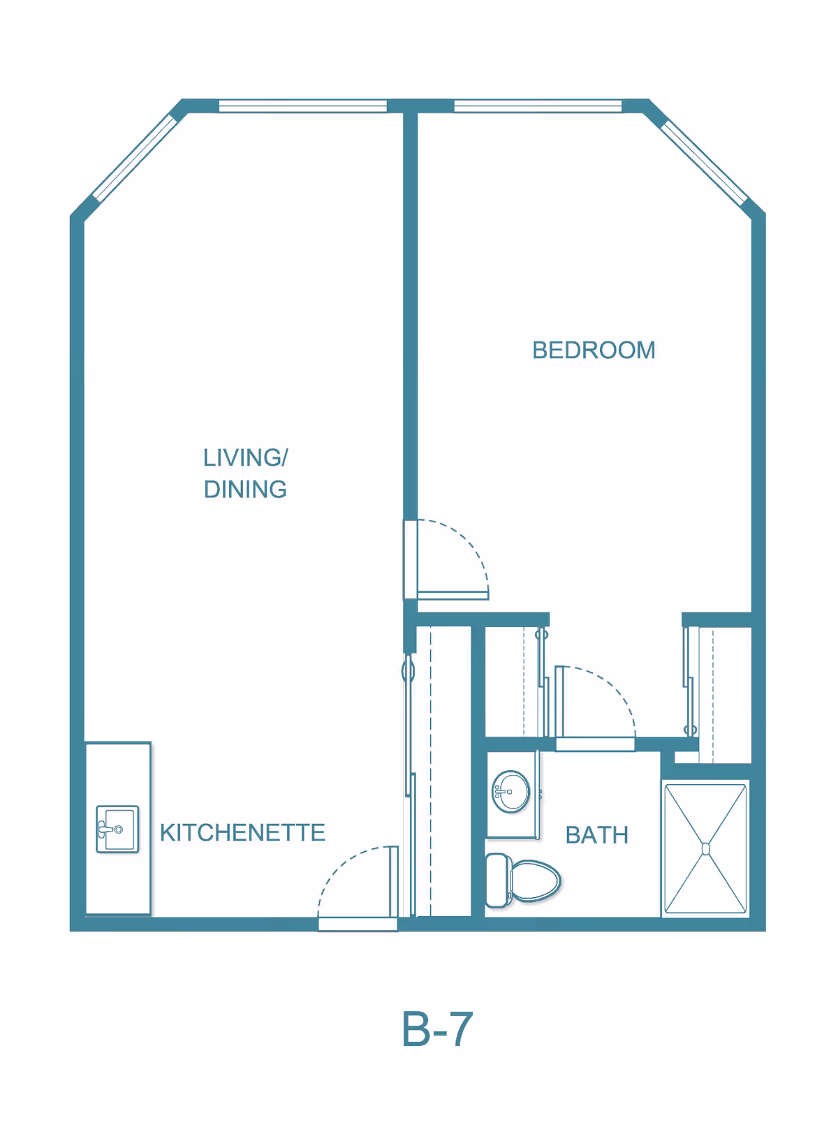 Floor plan of a one-bedroom apartment labeled B-7 at Ventura Place - Sky Active Living, showing a living/dining area combined with a kitchenette, a separate bedroom, and a bathroom with a sink, toilet, and shower.