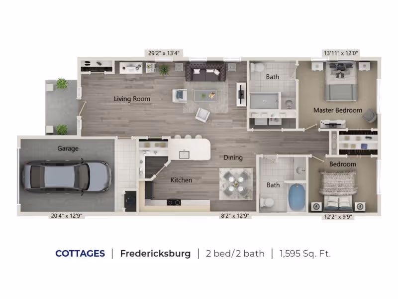 Floor plan of a cottage named Fredericksburg with 2 bedrooms and 2 bathrooms, including a garage, kitchen, dining area, living room, master bedroom with attached bath, and a second bedroom with a separate bath.