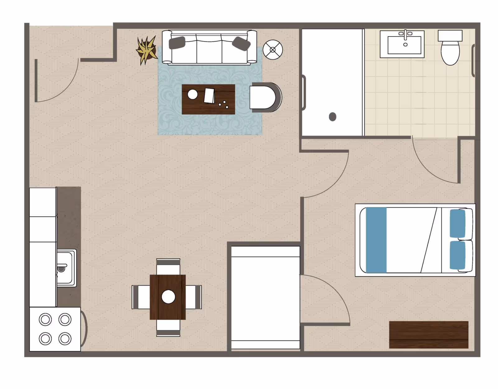Floor plan of a senior living apartment unit showing a living area with a sofa, coffee table, and chair, a kitchen with stove and sink, a dining table with four chairs, a bedroom with a bed and dresser, and a bathroom with a shower, sink, and toilet.