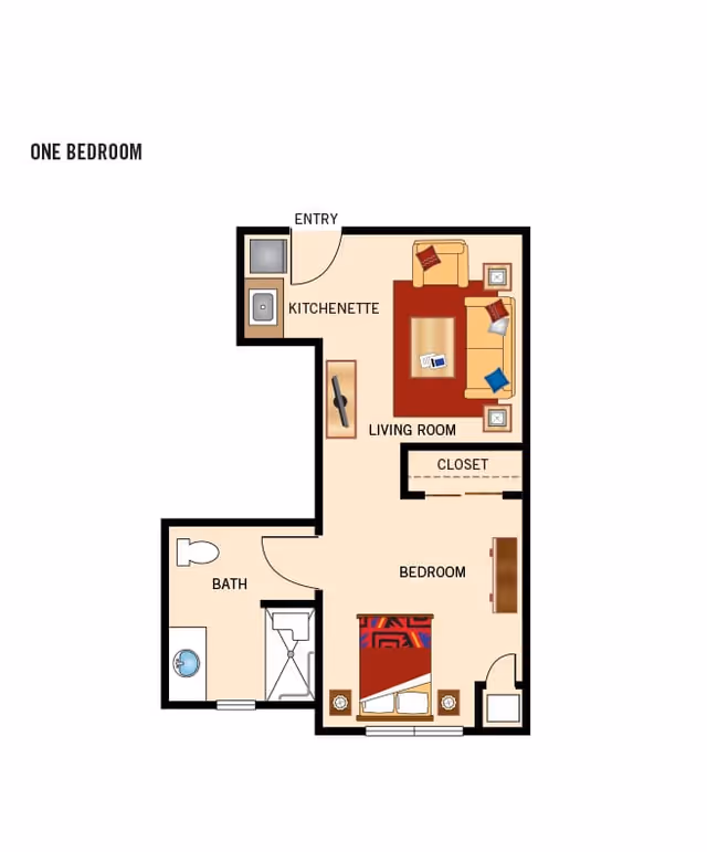 Graphic one-bedroom apartment floor plan showing an entry with kitchenette, living room, closet, bedroom, and bathroom.