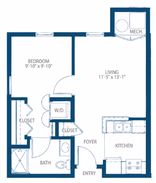 Floor plan of a one-bedroom apartment at Somerby Mobile showing a bedroom measuring 9 feet 10 inches by 9 feet 10 inches, a living room measuring 11 feet 5 inches by 13 feet 1 inch, a kitchen, a bathroom, two closets, a washer/dryer area, a foyer, an entry, and a mechanical room.