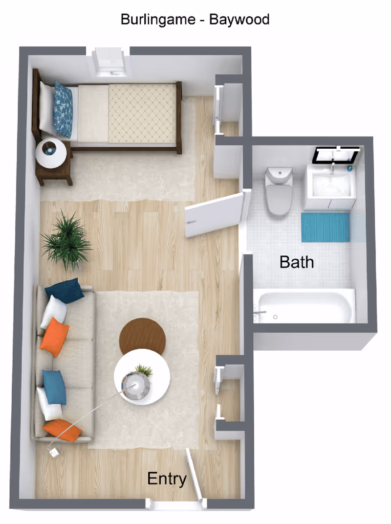 Top-down floor plan of a small studio apartment labeled 'Entry' and 'Bath', showing a bed, sofa with coffee table, and a bathroom with tub and sink.
