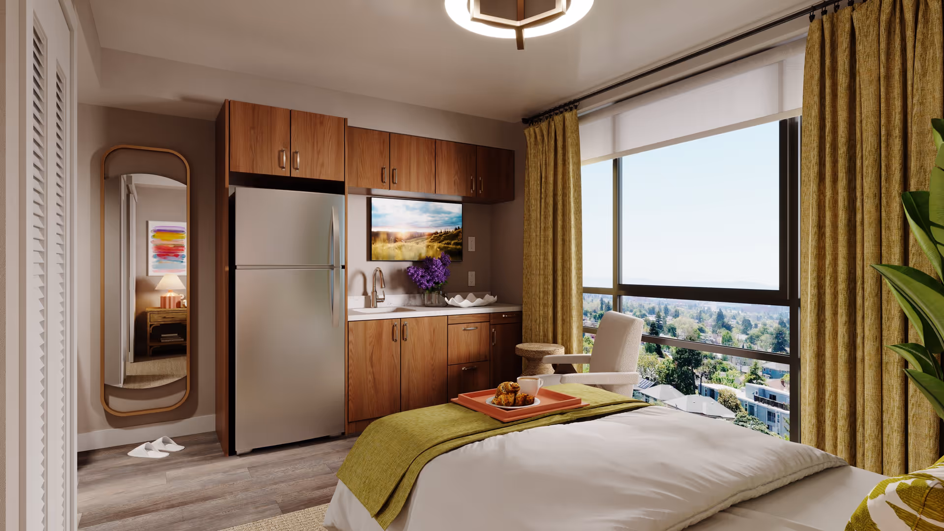 Bright studio bedroom with a bed, small kitchenette (refrigerator and sink), a chair and a large window with city views.