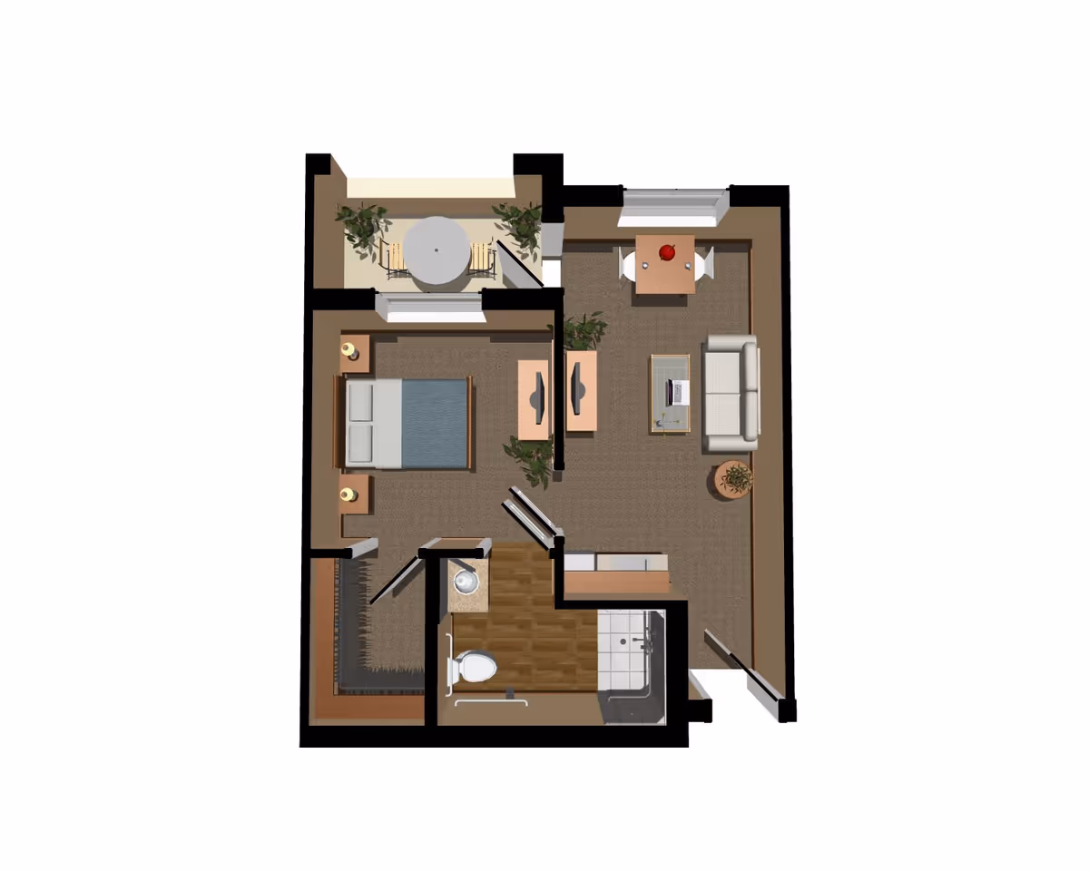 3D floor plan of a one-bedroom apartment featuring a bedroom with a bed and nightstands, a bathroom with a toilet and shower, a living room with a sofa, coffee table, TV, and dining table, and a small balcony with a round table and two chairs.