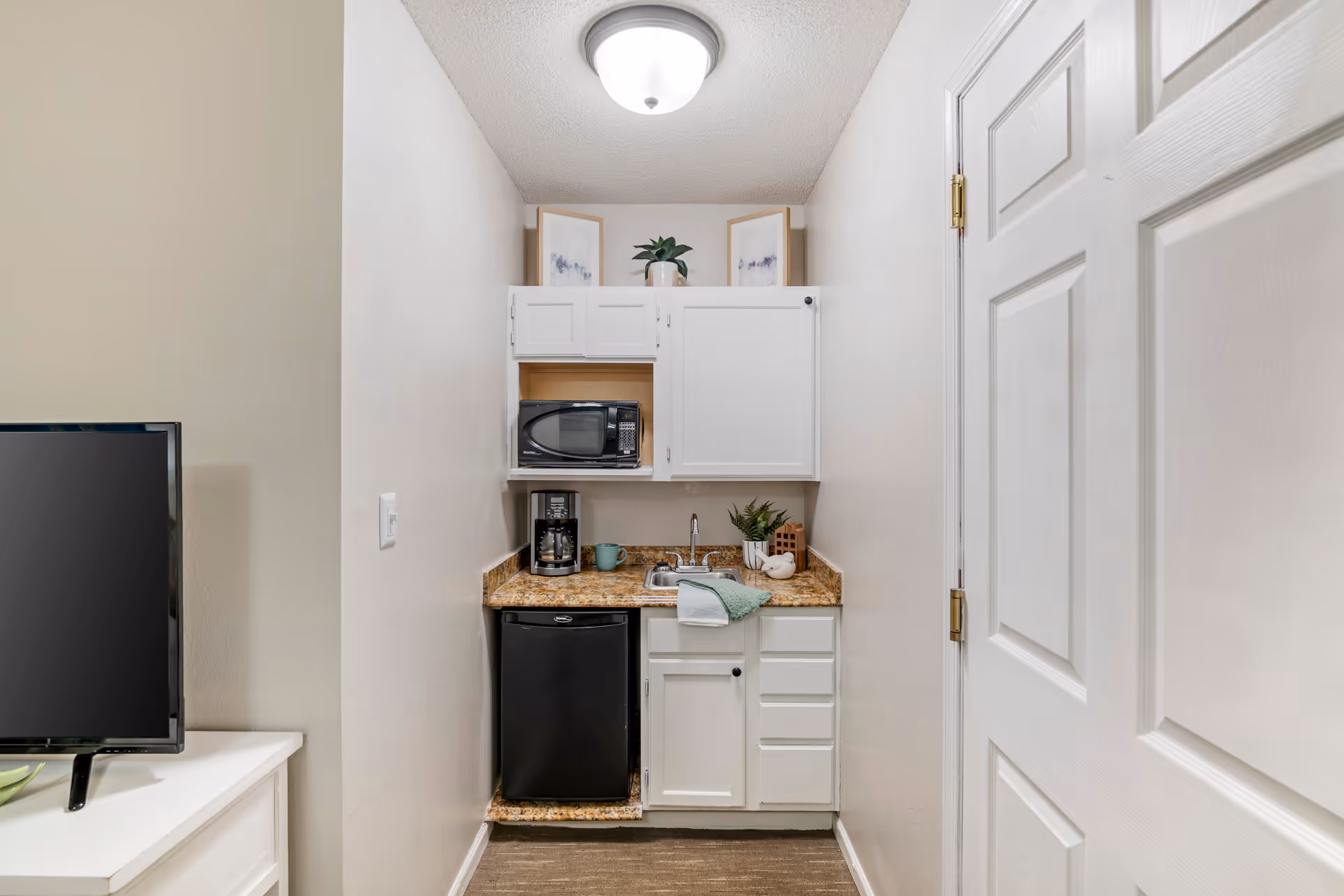 Small kitchenette area with white cabinets, a black mini refrigerator, a microwave, a coffee maker, a sink, and decorative plants on the countertop and above the cabinets. A white door is partially visible on the right, and a television is partially visible on the left.