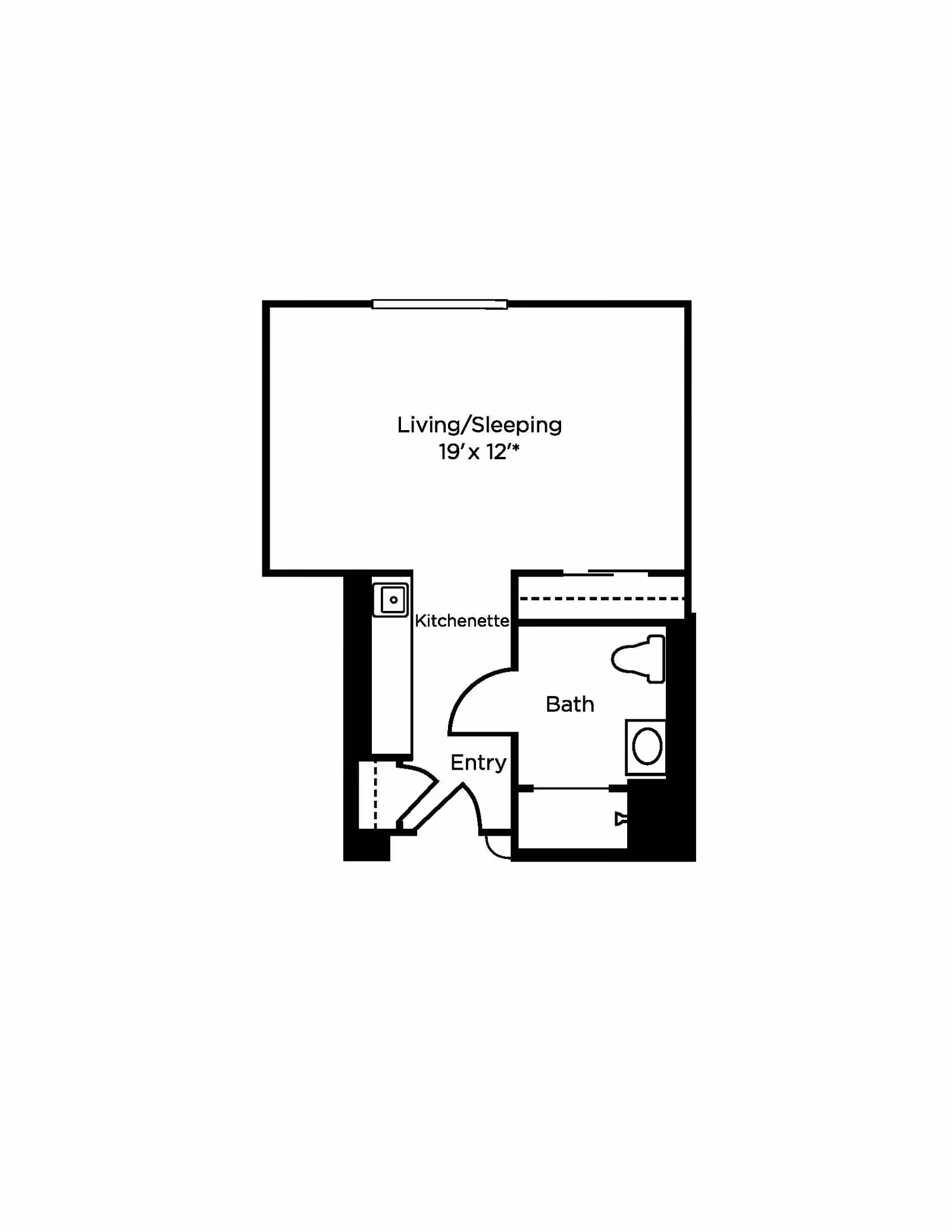 Floor plan of a small living space labeled with areas for Living/Sleeping (19 feet by 12 feet), Kitchenette, Entry, and Bath with toilet and sink.
