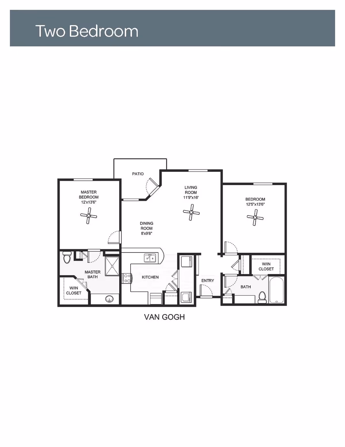 Floor plan of a two-bedroom apartment named Van Gogh, showing a master bedroom with walk-in closet and master bath, a second bedroom with walk-in closet, a living room, dining room, kitchen, entry, patio, and a second bathroom.