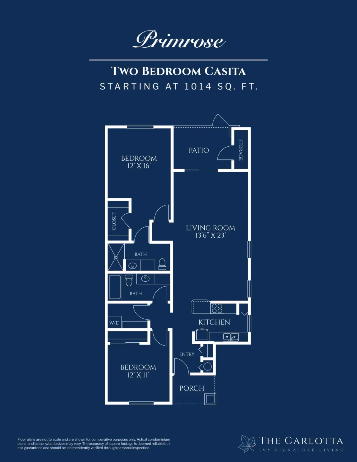 Blueprint-style floor plan titled 'Primrose Two Bedroom Casita' showing two bedrooms, two bathrooms, a kitchen, living room, patio, and porch on a blue background.