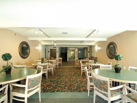 A communal dining area with round tables and chairs, patterned carpet, decorative mirrors on the walls, and potted plants.