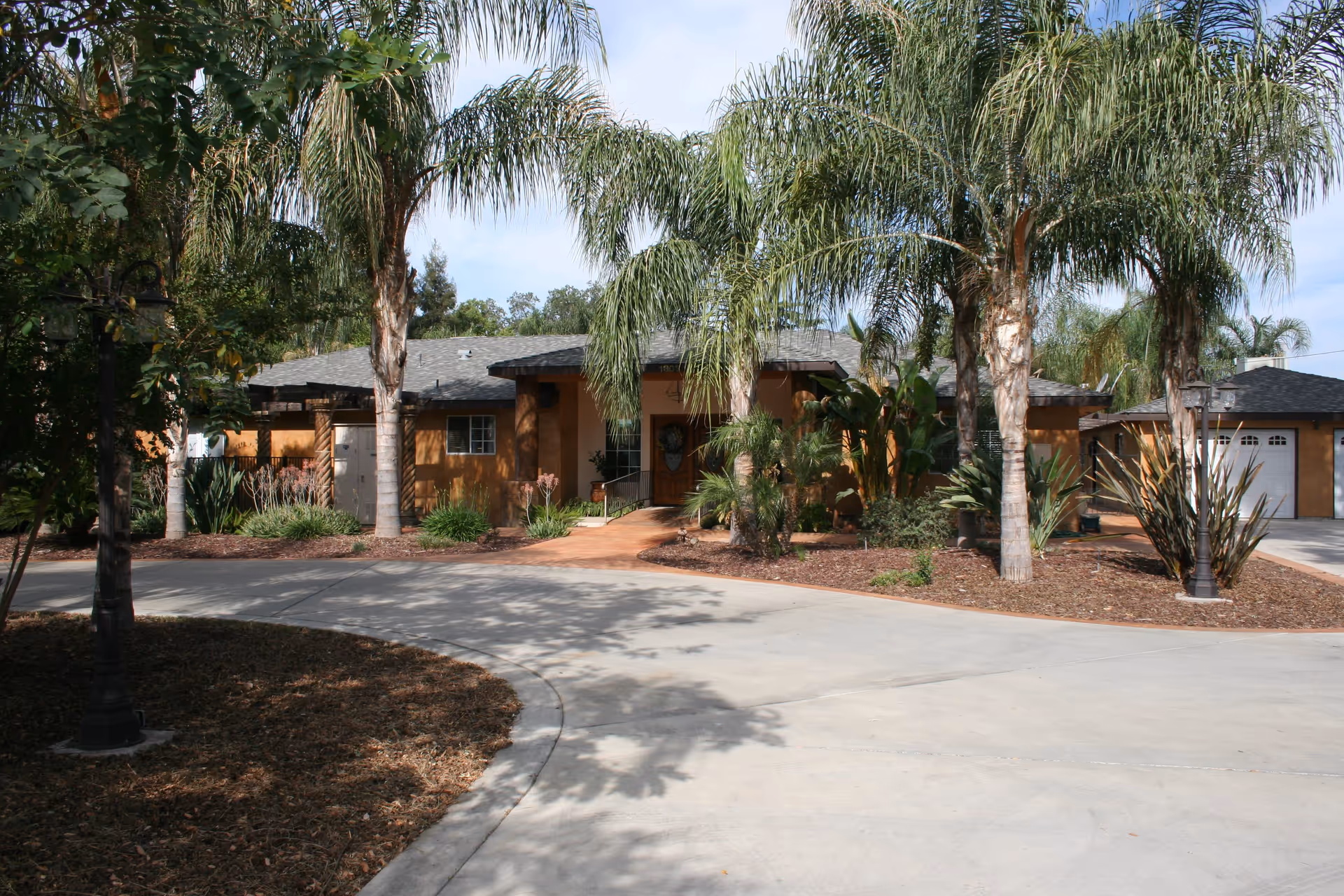 Single-story tan building front surrounded by palm trees, landscaping, and a circular concrete driveway.