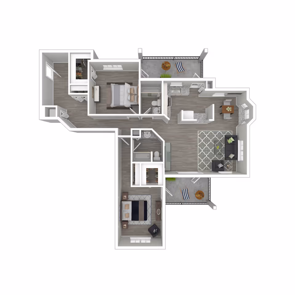 3D floor plan of an apartment featuring two bedrooms, two bathrooms, a kitchen, dining area, living room, and two balconies with outdoor seating.