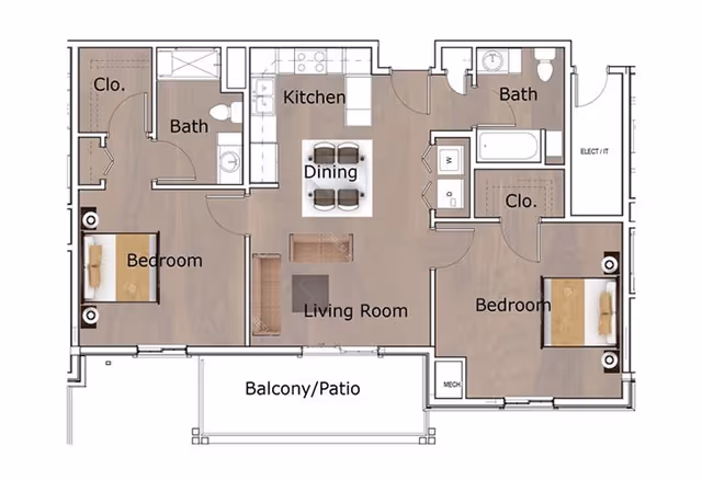 Floor plan of a two-bedroom apartment at Premier Residences At Tellico Village, showing two bedrooms each with a closet, two bathrooms, a kitchen, dining area, living room, and a balcony/patio.