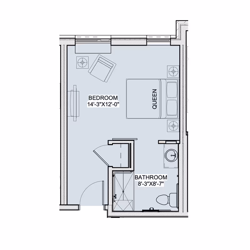 Architectural floor plan showing a bedroom with a queen bed, chair, and dresser, connected to a bathroom with a shower, toilet, and sink.