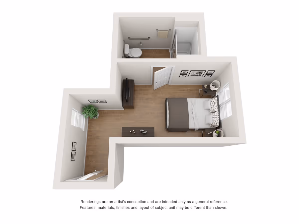 3D floor plan of a small apartment unit featuring a bedroom with a bed, two nightstands, a TV on a stand, a coffee table, a potted plant, and a bathroom with a toilet and a shower.