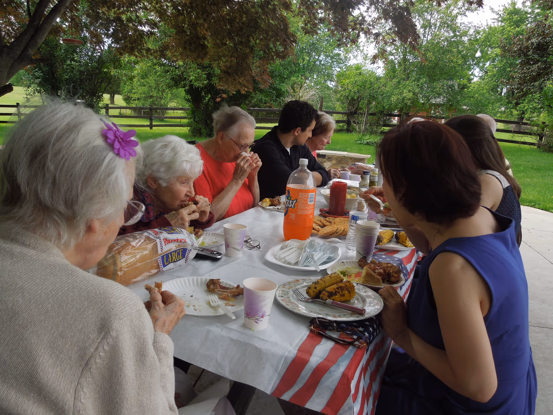A group of elderly and middle-aged people sitting around a picnic table outdoors under trees, eating a meal together. The table is covered with a white tablecloth and an American flag cloth, with plates of food including corn on the cob, chicken, cookies, and a bottle of orange soda. The setting is a green grassy area with a wooden fence in the background.