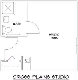 Architectural floor plan of a studio apartment at VitaCare Living of Cross Plains, showing a 12x16 studio room, a bathroom with a shower, toilet, and sink, and a small kitchenette area near the entrance.