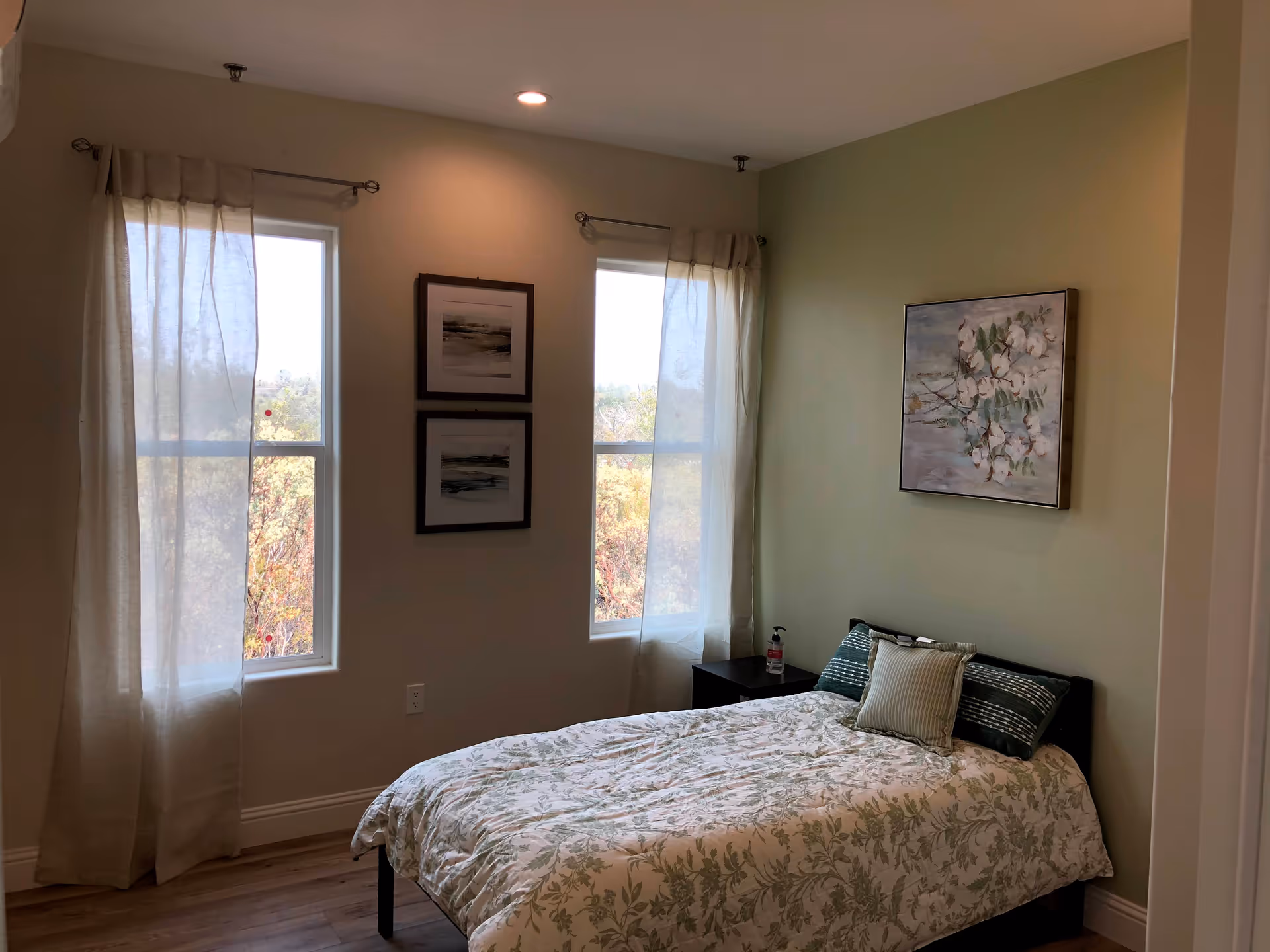 A cozy bedroom with a bed covered in a floral patterned comforter and two pillows. The room has two tall windows with sheer curtains allowing natural light to enter. There are two framed pictures on the wall between the windows and a floral painting on the adjacent green wall. A small bedside table with a bottle of hand sanitizer is next to the bed.