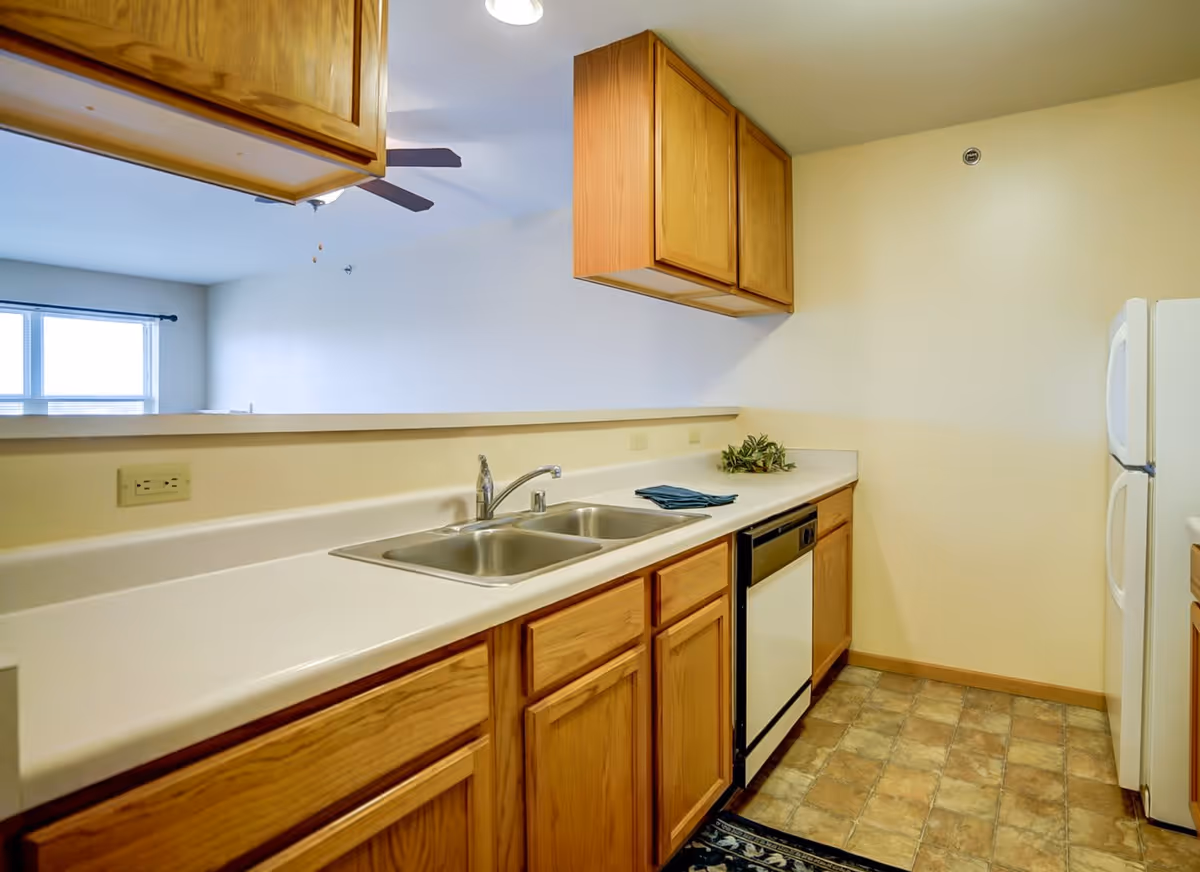 Small apartment-style kitchen with wood cabinets, a double sink, dishwasher, and refrigerator.
