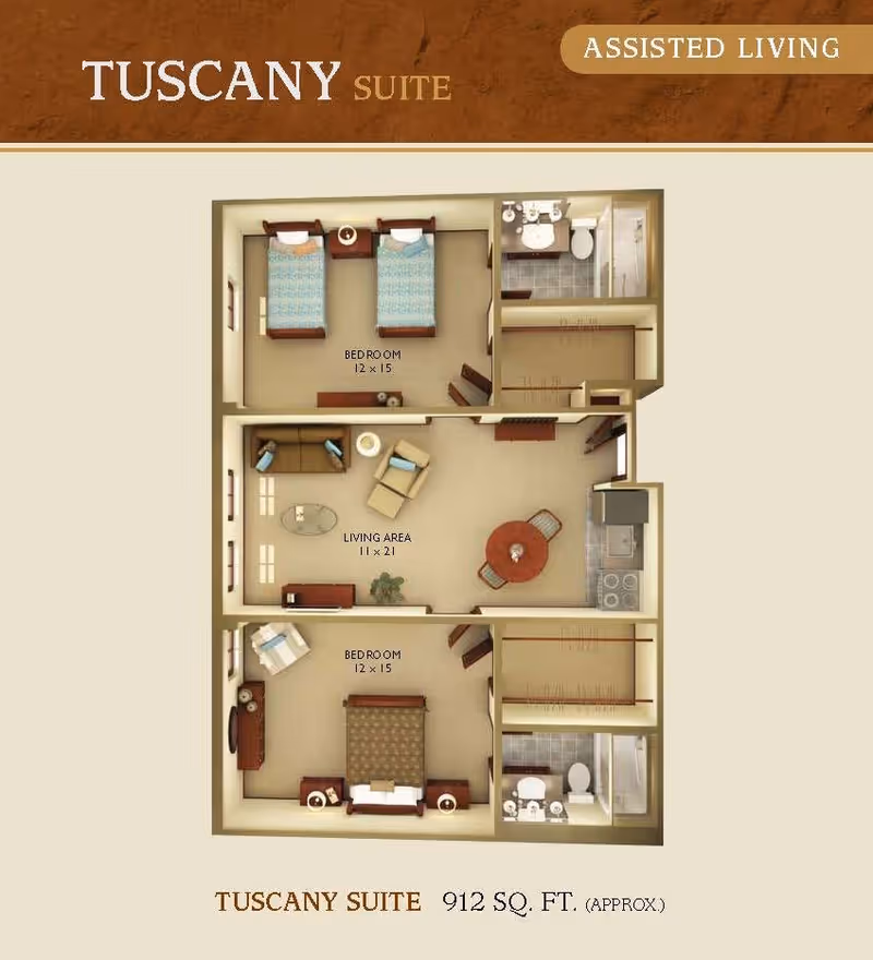 Floor plan of the Tuscany Suite assisted living apartment showing two bedrooms each measuring 12 by 15 feet, a living area measuring 11 by 21 feet, two bathrooms, and a kitchen area.