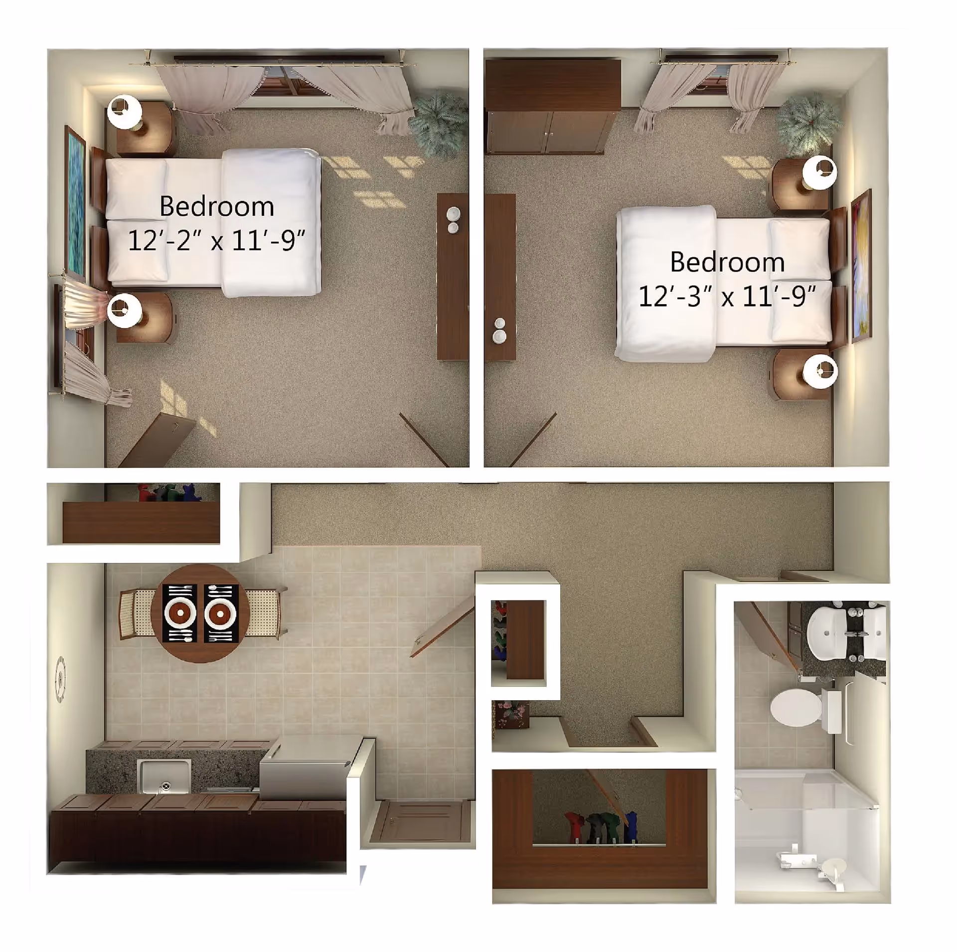Top-down 3D floor plan of a two-bedroom apartment showing two bedrooms, a kitchen/dining area, a bathroom, and closets.
