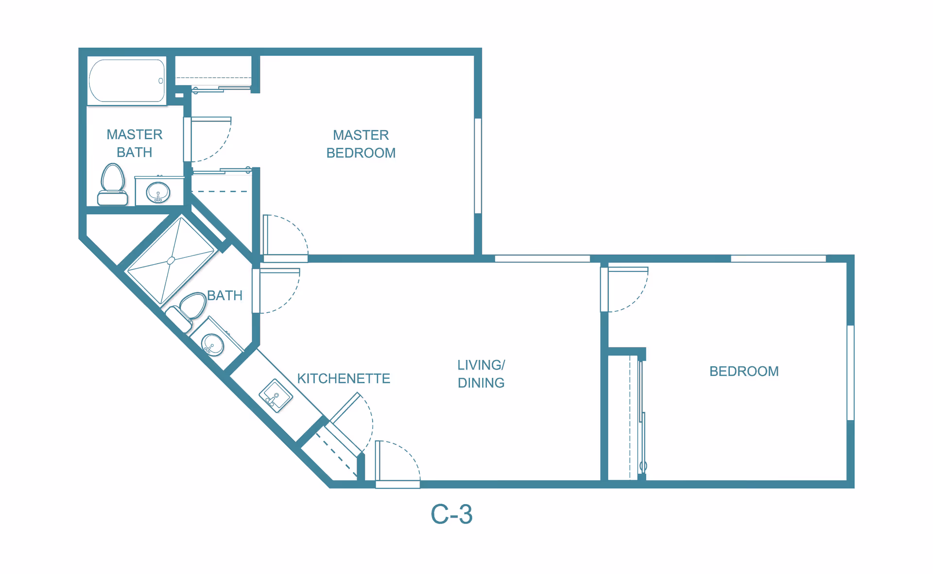 Floor plan layout of a residential unit labeled C-3, featuring a master bedroom with an attached master bath, a second bedroom, a living and dining area, a kitchenette, and an additional bathroom.
