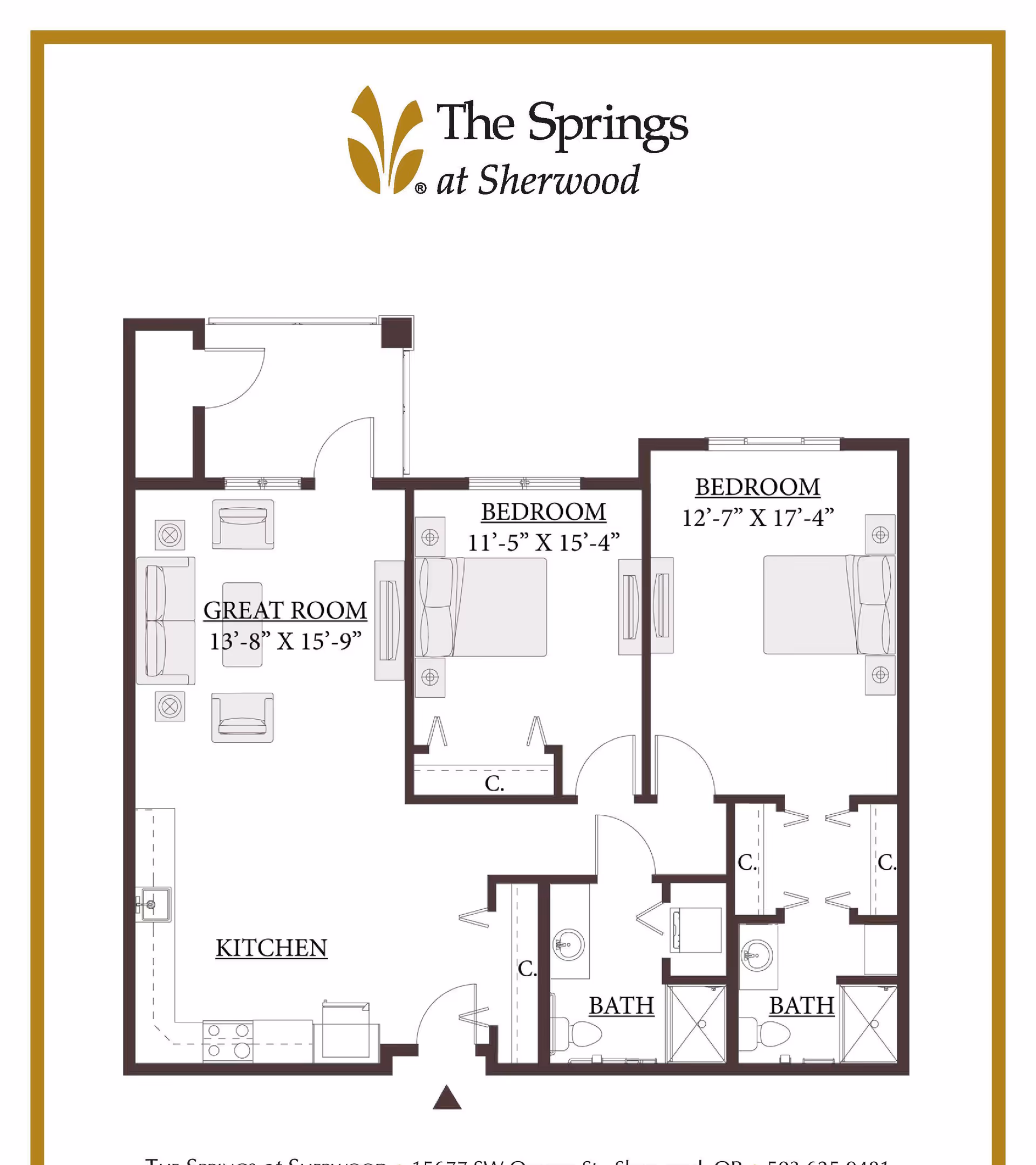 Floor plan of The Springs at Sherwood showing a two‑bedroom apartment with a great room, kitchen, two bathrooms and closets.