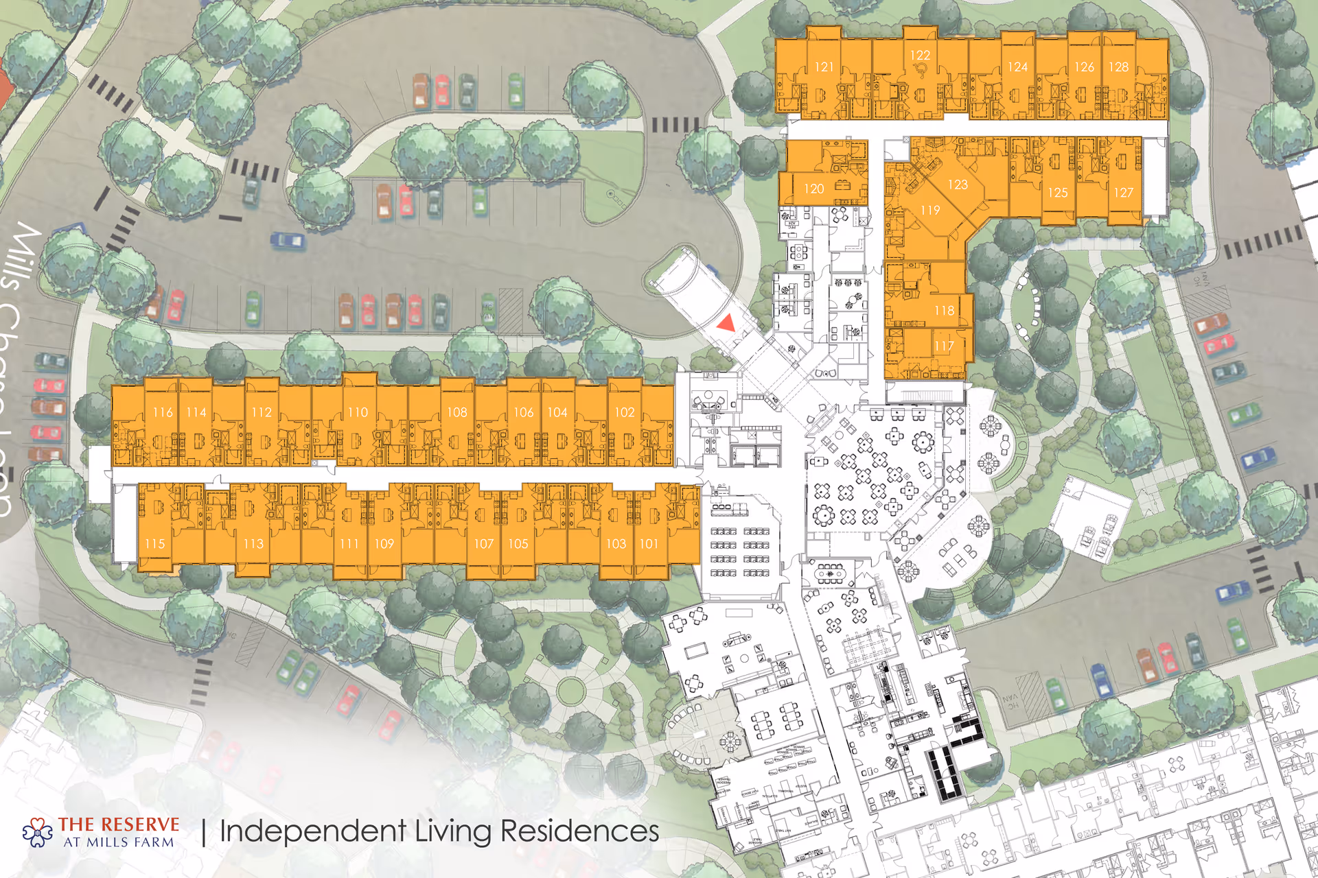 Architectural floor plan of The Reserve at Mills Farm showing independent living residences highlighted in orange, surrounding parking areas, landscaped outdoor spaces with trees and pathways, and various interior common areas.