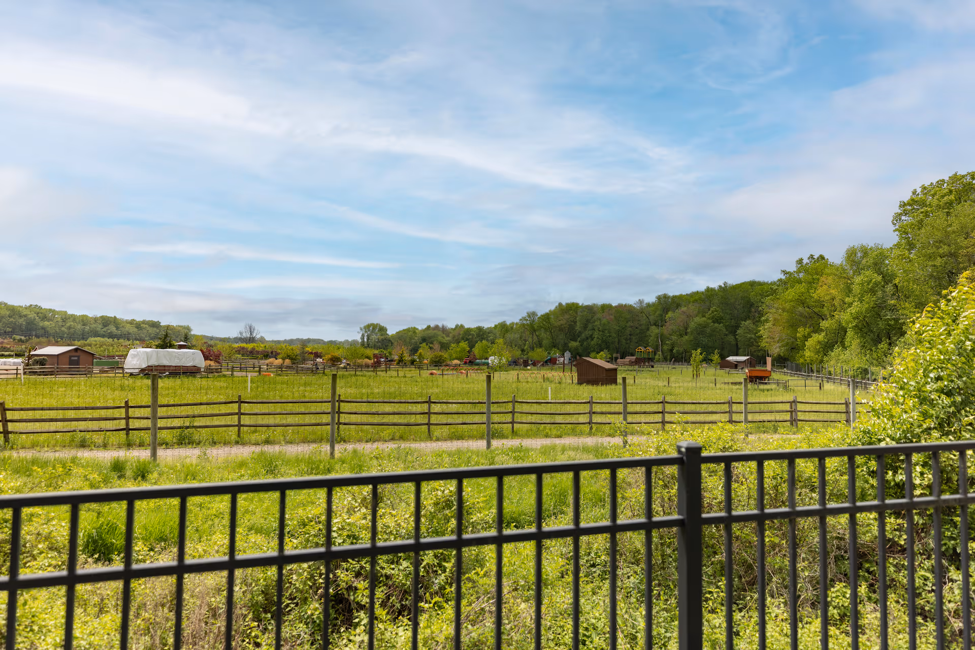 View across a grassy fenced pasture with small farm buildings and trees under a blue sky, seen beyond a black metal railing.