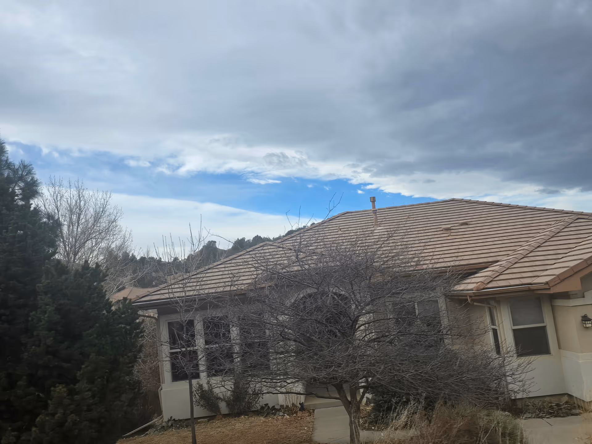 Front exterior of a single-story building with a tiled roof, a leafless tree and evergreens under a cloudy sky.